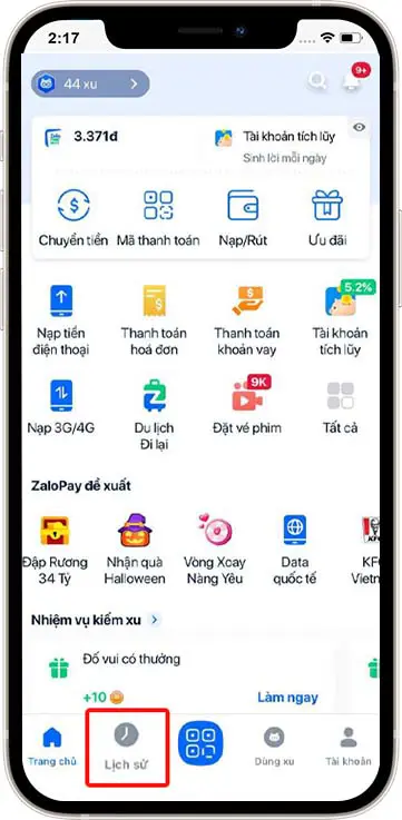 Bước 1 : Vào tài khoản ZALOPAY >> Chọn mục Lịch Sử